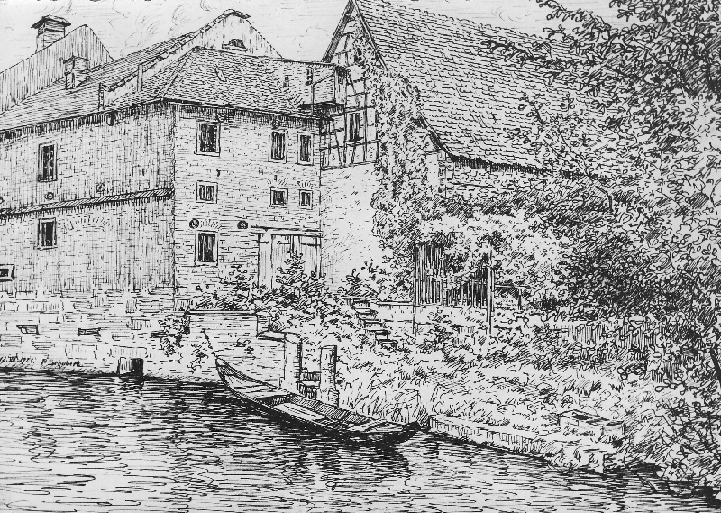 Die Rödelheimer Mühle. Sie wurde im Zweiten Weltkrieg zerstört. Federzeichnung von Paul Schubert aus dem Jahr 1923